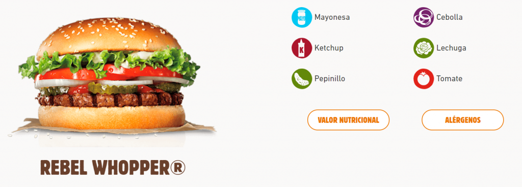 La Rebel Whopper y los ingredientes que tiene en la web de Burger King.